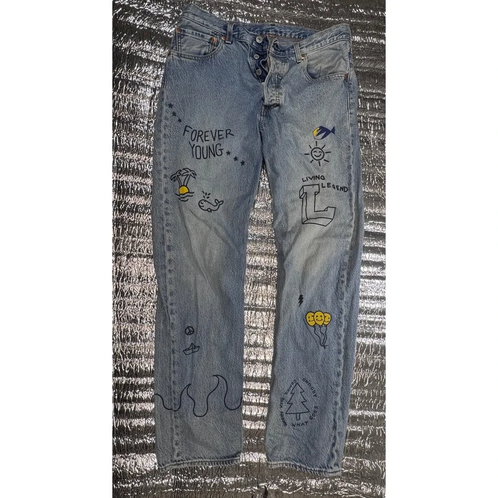Levis 501 93 Straight Leg Jeans Light Wash Custom Doodle Graphics Mens 32x32